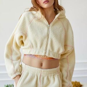 Urban Outfitters Cropped Sherpa Zip Up Hoodie with Pink Stitching